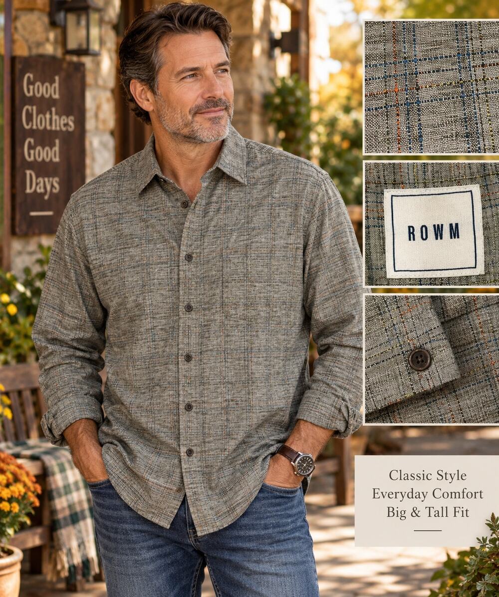 ROWM Mens XLT Gray Plaid Button Down Shirt Big Tall Cotton Blend
